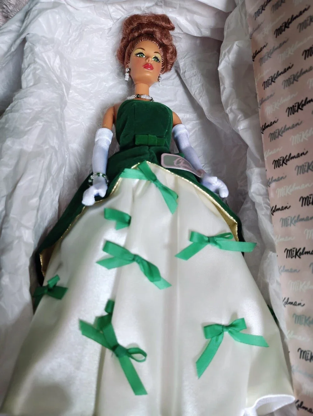 Velvet 'N' Bows Charice Doll By MiKelman #10699 Red Hair,  Green & Ivory Gown